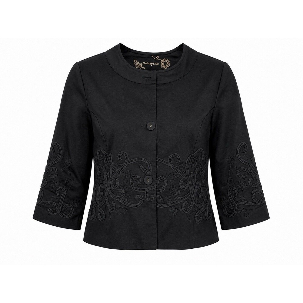 Coldwater Creek Black Embroidered Cropped Jacket Petite 6 Cotton Boho Career